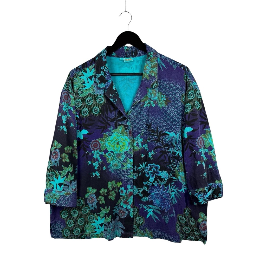 Tianello Women's Top Blouse Sz L Floral Boho Button Front Multicolor